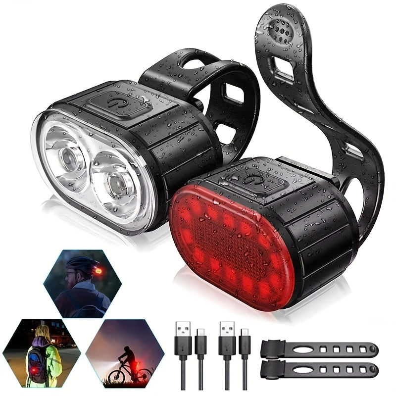 Lampe Vélo USB Rechargeable – Avant 300 MAh / Arrière 200 MAh, 3 Modes, Silicone ABS, étanche, 3,5 X 3,5 Cm, Sécurité Nuit