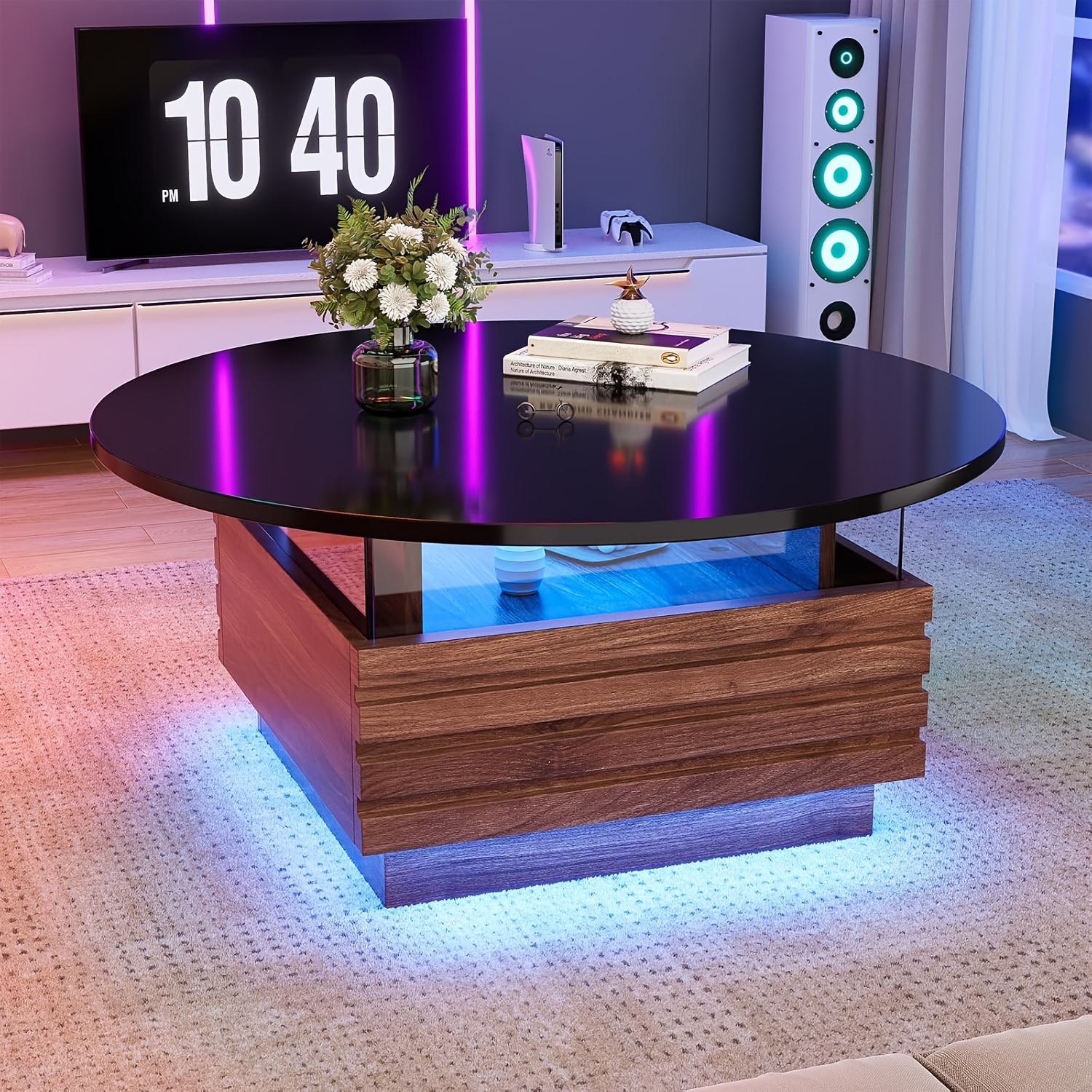 Image of Round Coffee Table With Led Lights, Sofa Side Table; Coffee Table With 2 Drawers; Round Coffee Table With Storage Space, Made Of Wood And Tempered Glass, Suitable For Living Room, Office, And Study