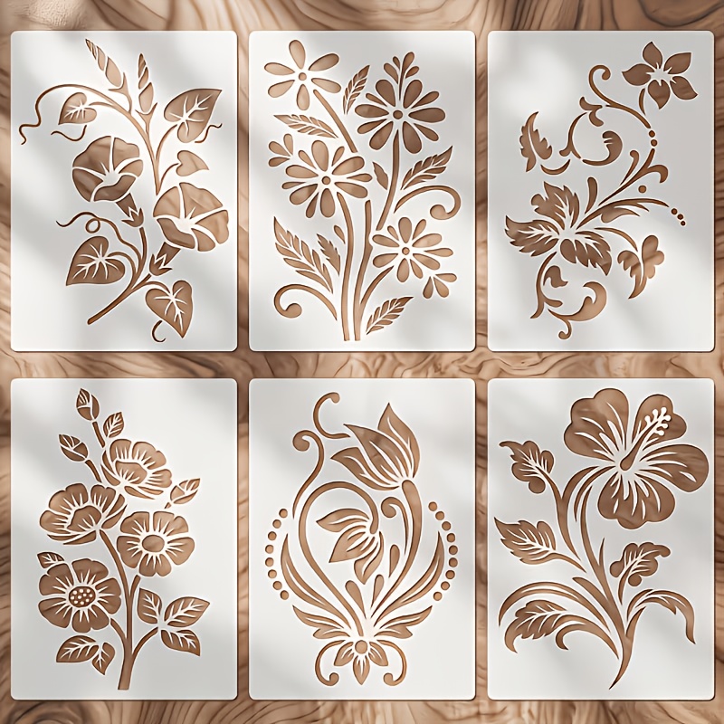 TEMU 6 Flower Painting Templates, Reusable Flower Painting Templates, Pet Material Artistic Hollow Templates, Suitable For , Scrapbooking, Greeting