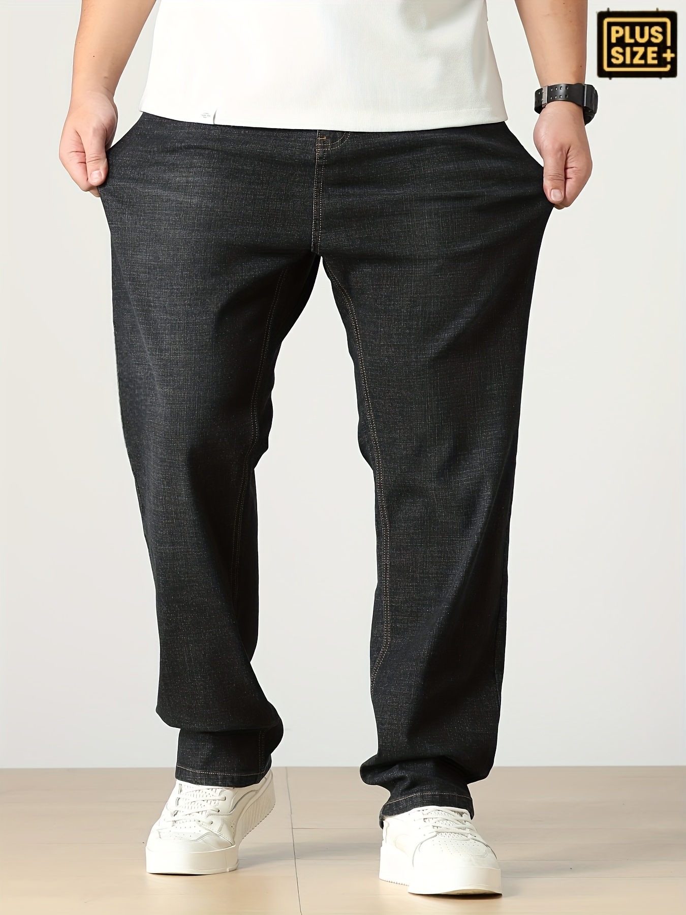 Men'S Plus Size Comfort Stretch Straight-Leg Jeans - Light Blue Washed Denim, Loose Fit Casual Pants with Button Closure, All-Season Wear, Comfortable Clothing | Straight Leg Jeans | Medium Elasticity