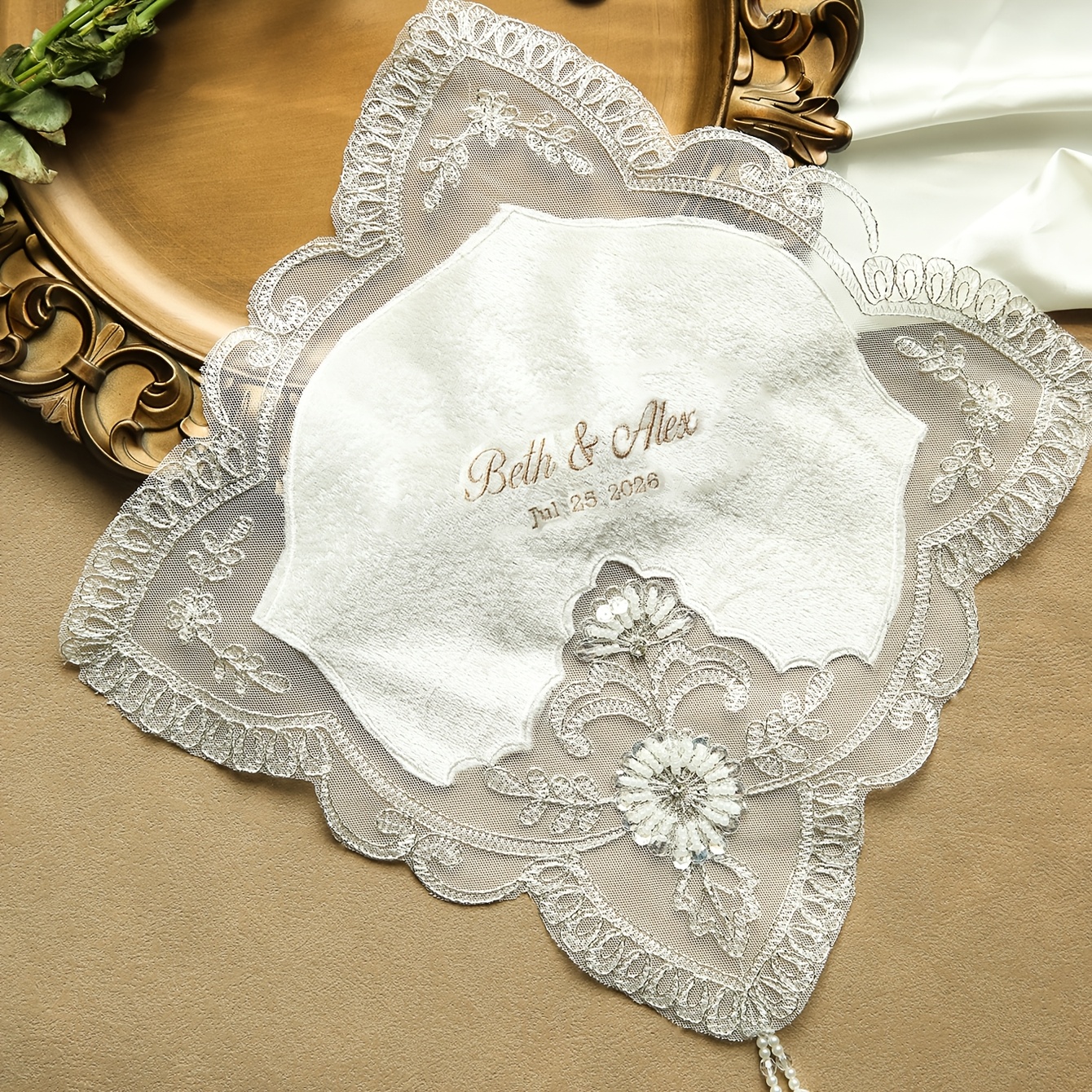 TEMU Personalized Embroidered Bridal Handkerchief With Custom Name & Wedding Date - Elegant Lace & Wedding Hanky Suitable For Bride, Wedding Keepsake