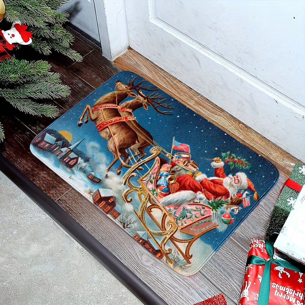 

Christmas Cheer Door Mat - Santa & Reindeer Sleigh Design, Non-slip, Stain-resistant Polyester Rug For Home Entrance, Bedroom, Living Room, Kitchen - Machine Washable