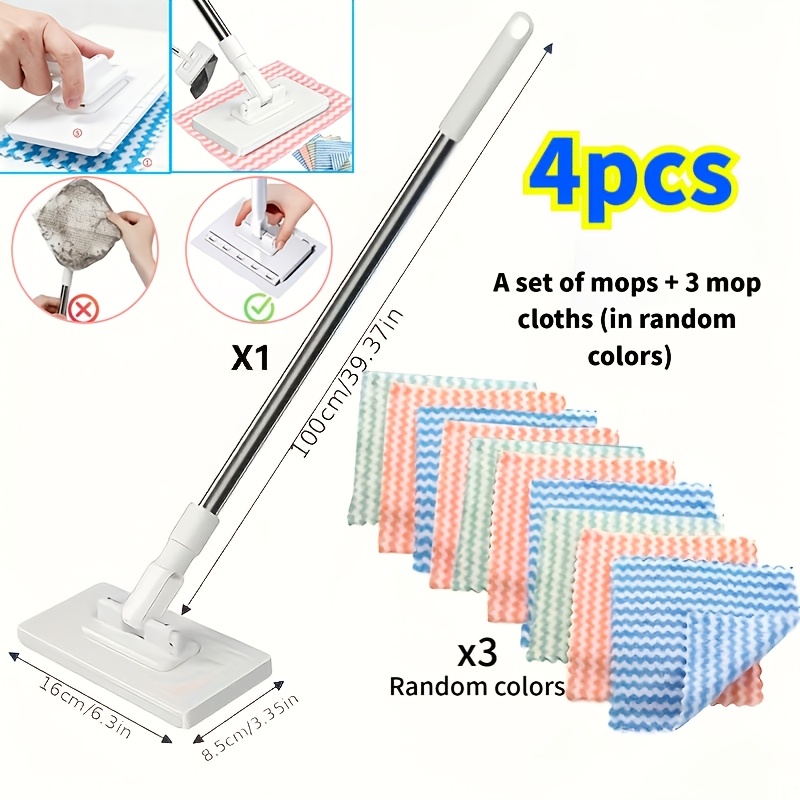 TEMU 4pcs - 1 Mop Set + 3 Mop Cloths (colors Are Random), Lazy Flat Mop, Automatic Fabric Replacement Mop, Suitable For Dry And Wet Cleaning,