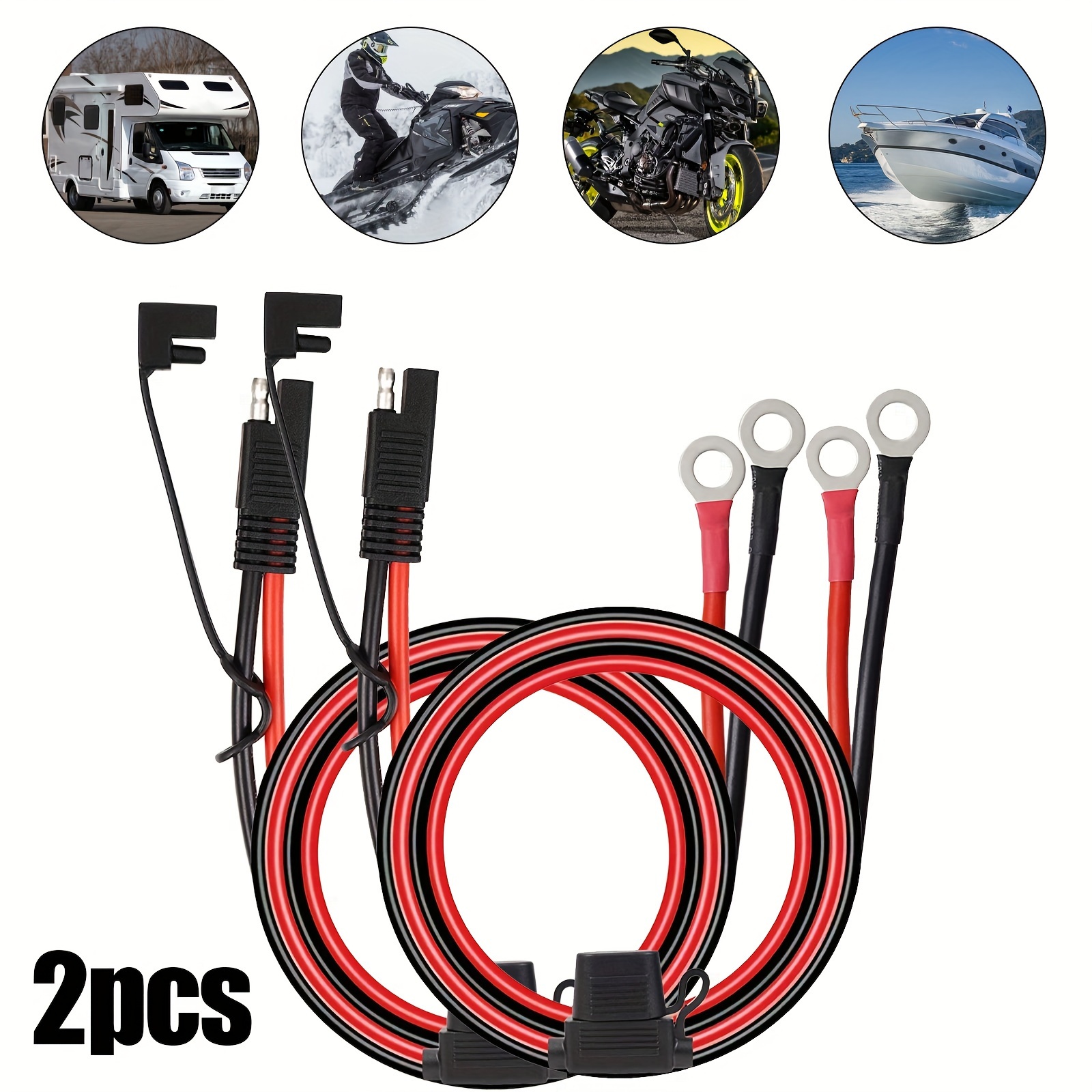 TEMU 2pcs Sae Battery Cable Extension Wire, Sae To O Ring Terminal Connector Harness Wire With 10a Fuse, For Motorcycle, Cars