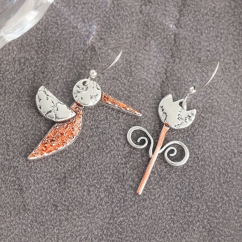 Image of Bohemian Ethnic Copper Carving Pattern Spiral Flower Bird Asymmetrical Drop Earrings Vintage Handmade Art Deco Dangle Earrings For Women Jewelry