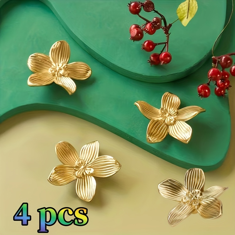 Image of 4pcs Elegant Golden Floral Cabinet Handles - High-quality Alloy, For Comfortable Grip - Suitable For Dressers, Nightstands, And Bookshelves - Includes Screws For