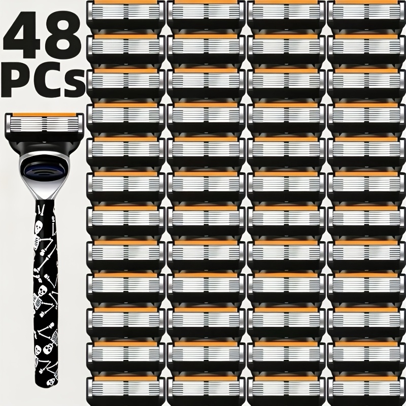 Image of 1 Handle And 48pcs , Men's Manual Shaving Set, 6-layer High-quality Stainless Steel , Reusable, Easy To Clean, , Smooth And Clean Shaving