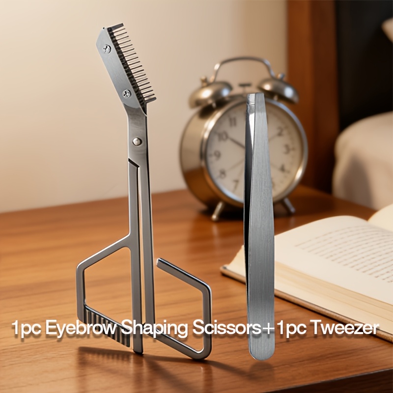 TEMU J·FOCUS Set de ciseaux à sourcils en acier inoxydable - un ciseau à sourcils et une pince à épiler à bouche plate, coupe précise blocage, peigne