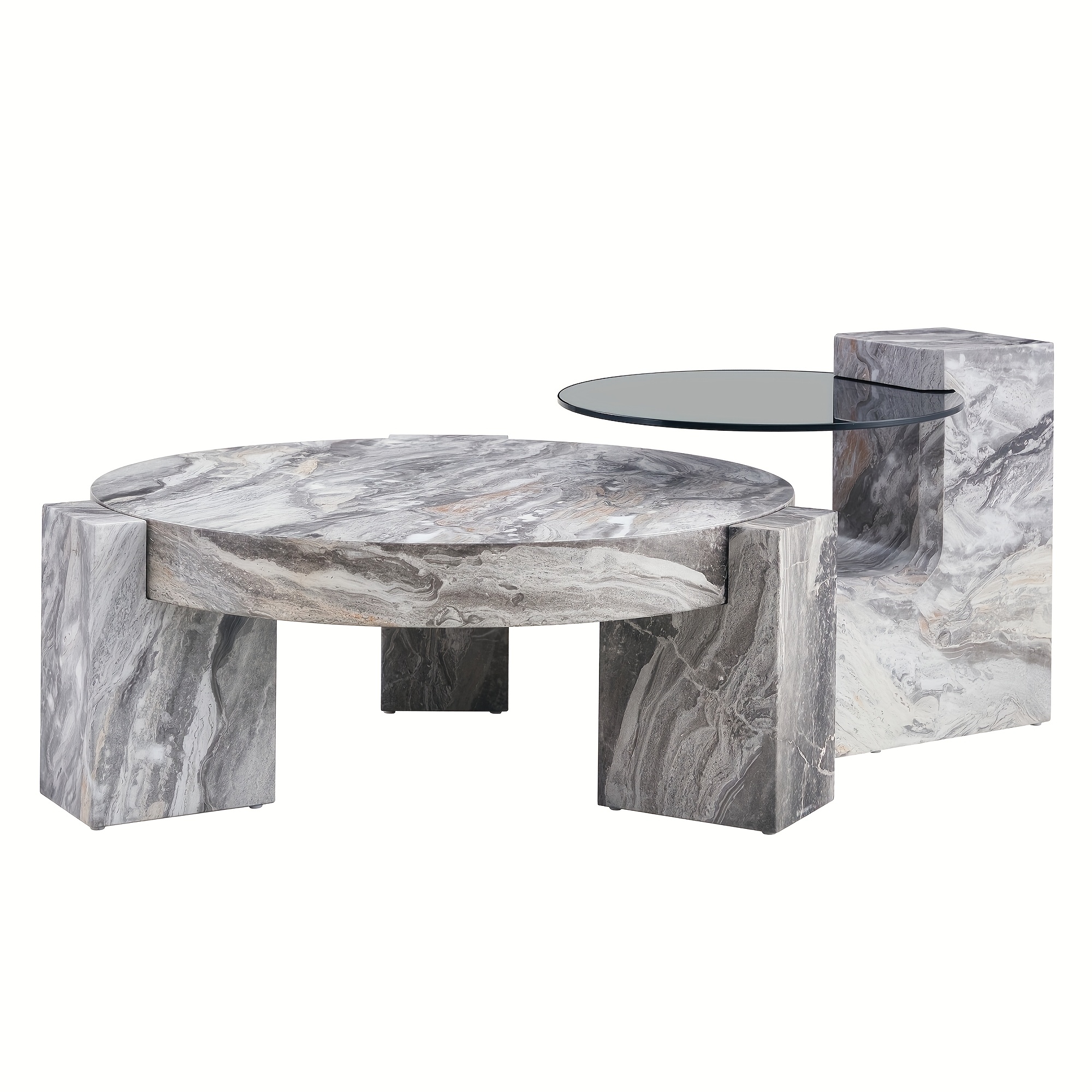 MUUOKY Modern Round Nesting Coffee Table with Faux Marble Top & Glass Side Table - 24” Center Table Suitable for Living Room, 2-Tier Space-Saving, Easy Assembly, Luxury Apartment Furniture, Engineered Wood Base for Small Homes
