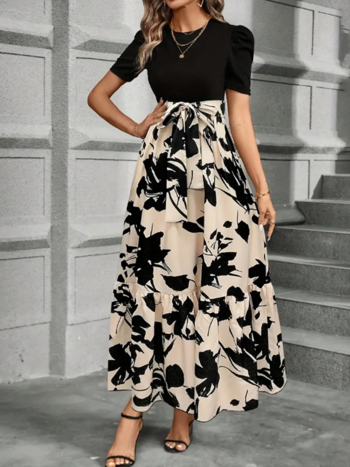 womens puff sleeve round neck maxi dress belted waist flowy - Temu