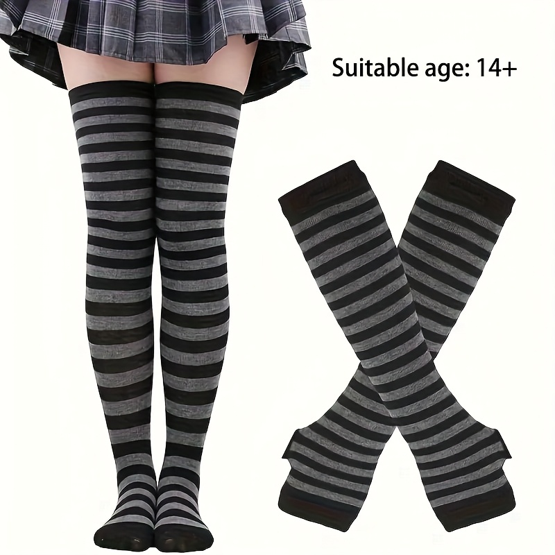 TEMU 2 Sets Of Over The Knee Long Socks And Sleeves For Teenage, Knitted Colored Striped Gloves, Calf Socks Set In Fashionable Style, Colored Striped