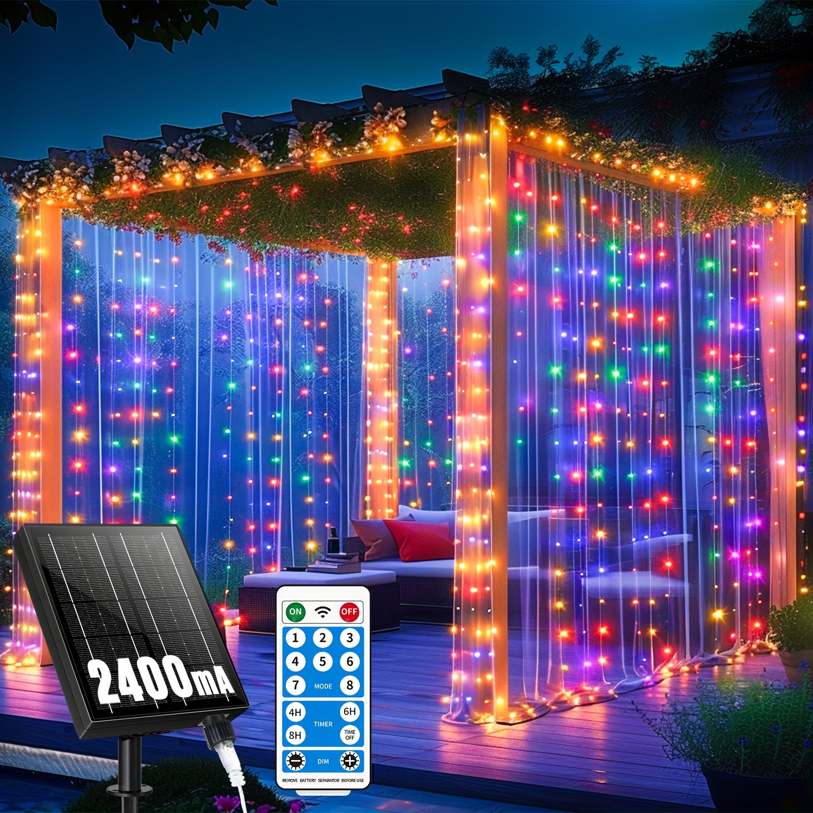 TEMU Luci Solari a Rete per Tende Interno Esterno 600 LED , Catena Luminosa con 8 Modalit�, Telecomando, Ricarica Type C, Regolazione Luminosit�,