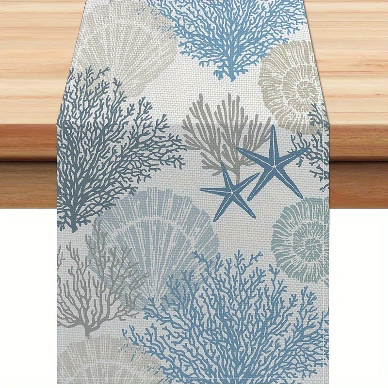 

Blue Teal Coral & Starfish Polyester Table Runner - Beach Theme Decor For Indoor/outdoor Dining, 13" X 72", Perfect For Home Parties
