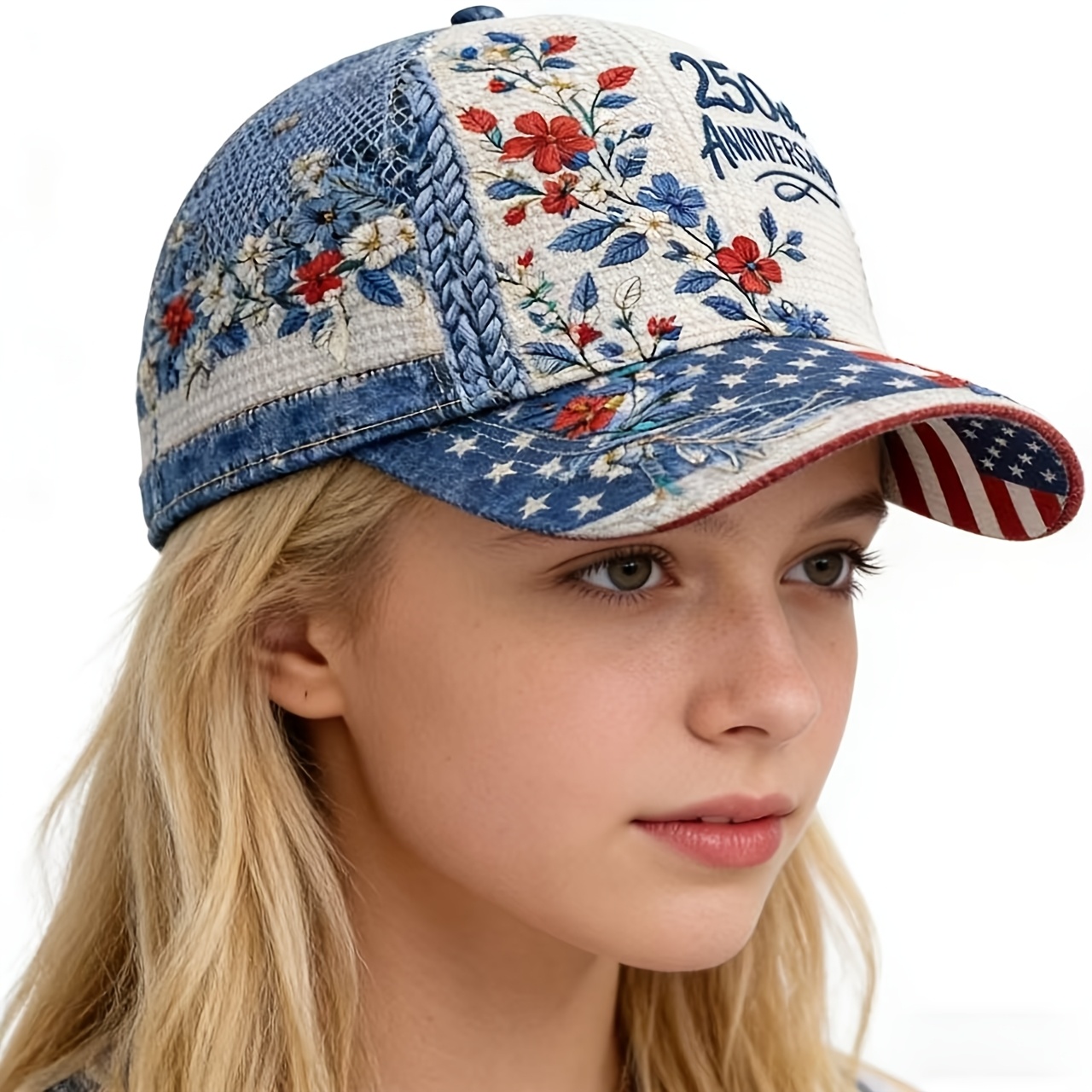 TEMU 250th Anniversary 3d Floral Print Baseball , A Stylish And Versatile Hat For Women, Suitable For Presidents' Day, Everyday Wear, And Fashion-
