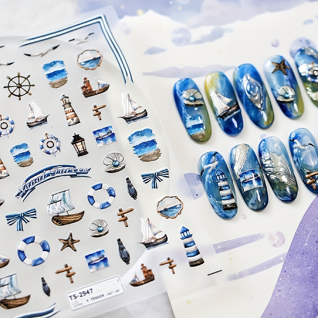 

5d Embossed Summer Nail Art Stickers, Ocean Style Nail Art Decals For Nail Art Decoration, Self Adhesive Nail Art Supplies For Women And Girls