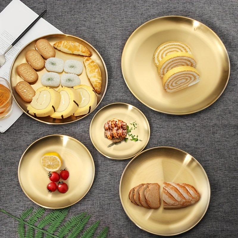 

Elegant Golden Stainless Steel Round Tray - Perfect For Desserts, Coffee, & Western Cuisine | Ideal For Home, Restaurant, Hotel & Party Use