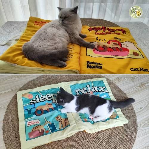cozy cat book shaped bed with illustrations thick plush polyester mat for cats warm pet nest cushion fun and comfortable design cat bed