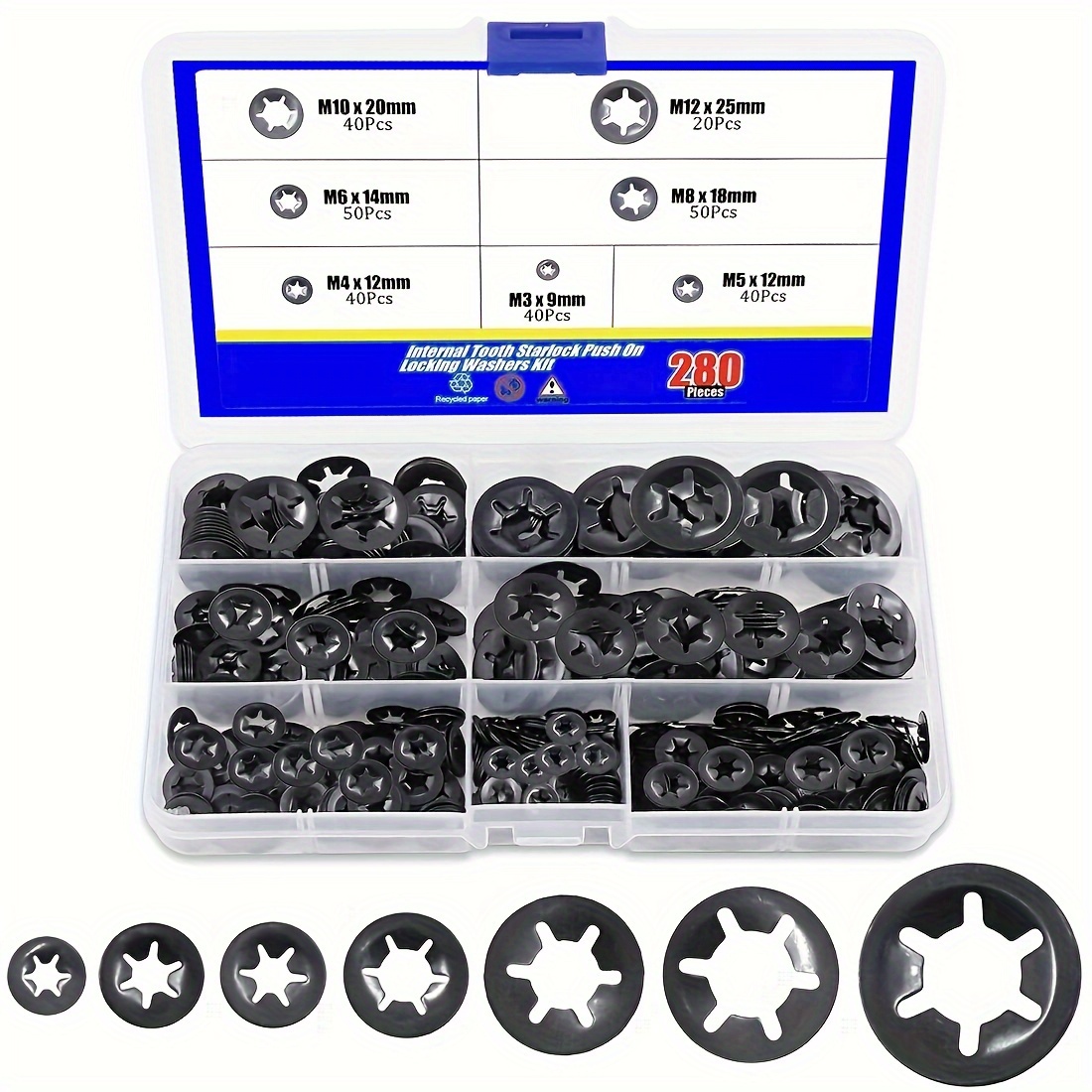 

280-piece Internal Tooth Lock Washers Set - Carbon Steel - Shaped Clips - Black Oxide - Assorted Sizes For Fastening Hardware