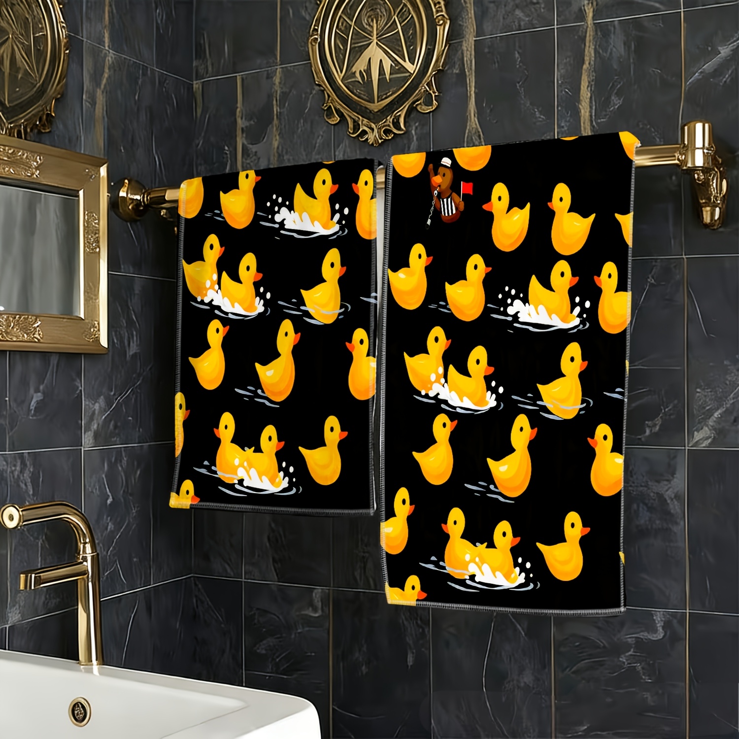 TEMU 1pc Little Yellow Duck Swimming Party Theme Printed Hand Towel - Soft Absorbent Kitchen-bathroom Towel, Modern Home Decor, Housewarming Gift,