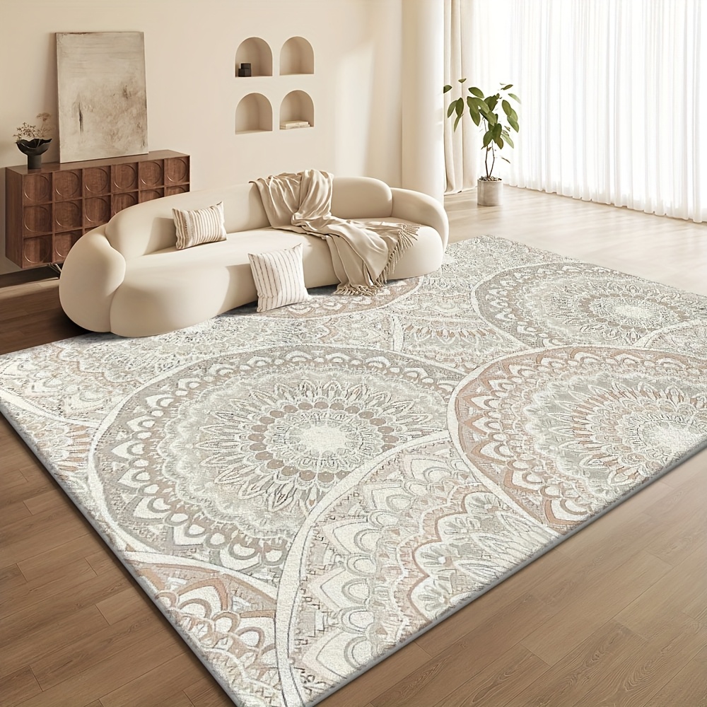 TEMU Creamy Brown Gray Mandala Pattern Living Room Carpet, Scheme With Gentle Atmosphere, Low Pattern Durable And Versatile, Short Plush Fabric Easy