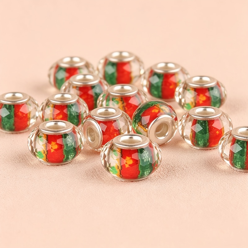 TEMU 20pcs 15mm Large Hole Cylindrical Beads Suitable For Making, Christmas Print European-style Spacer Beads With Christmas Tree & Snowflake