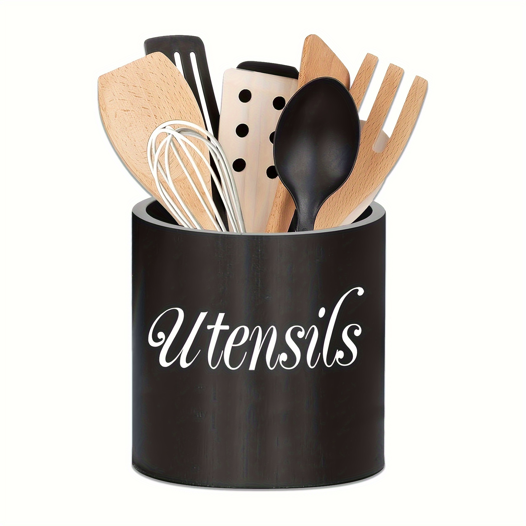 

1pc Kitchen Utensil Holder For Countertop, Wood Utensil Crock Utensil Caddy For Flatware Cooking Utensil Organizer For Farmhouse Kitchen Decor (black), Storage Trunks For Home Organization