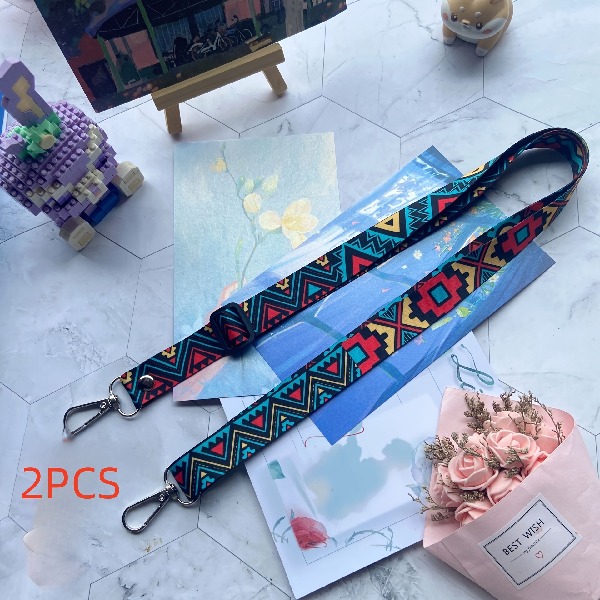 TEMU 2-pack Bohemian Adjustable Crossbody Straps With Retro - Id Badge Holders, Anti-lost Polyester Phone Lanyards & Diy Bag Accessories
