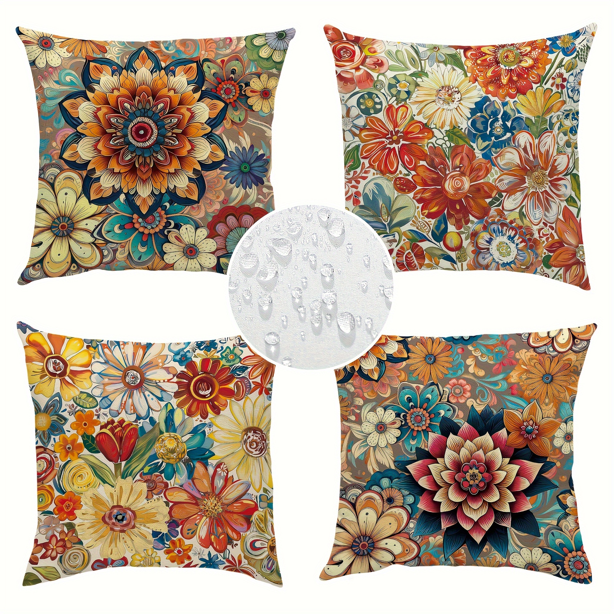 

4-piece Set Rustic Floral Waterproof Outdoor Throw Pillow Covers, 18x18 Inches - Durable Twill Fabric With Zipper Closure For Garden, Patio Furniture & Swing Decor