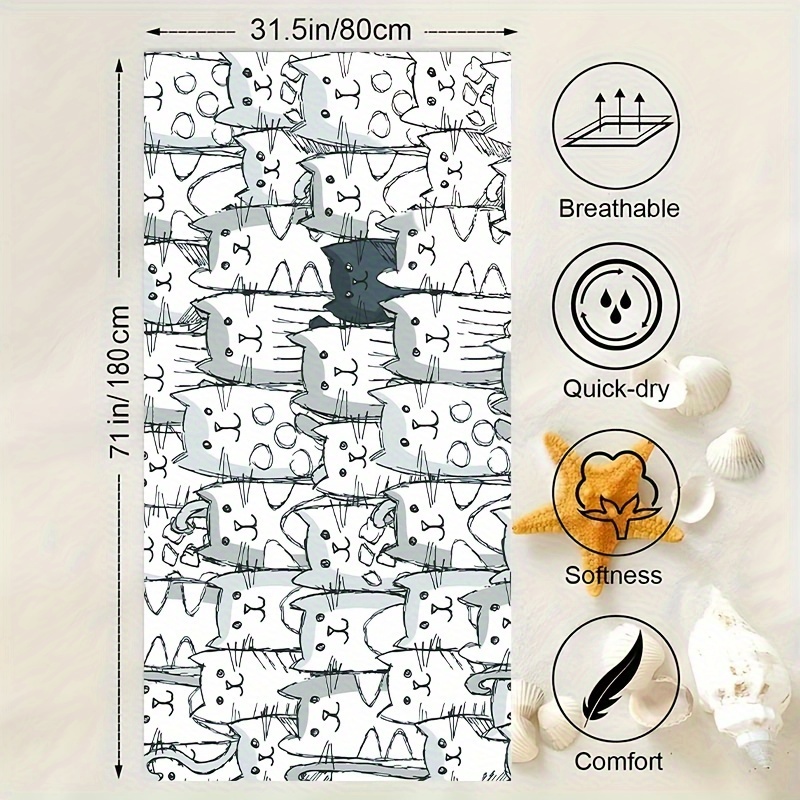 Sports Beach Towel with Cat Pattern, Quick Dry
