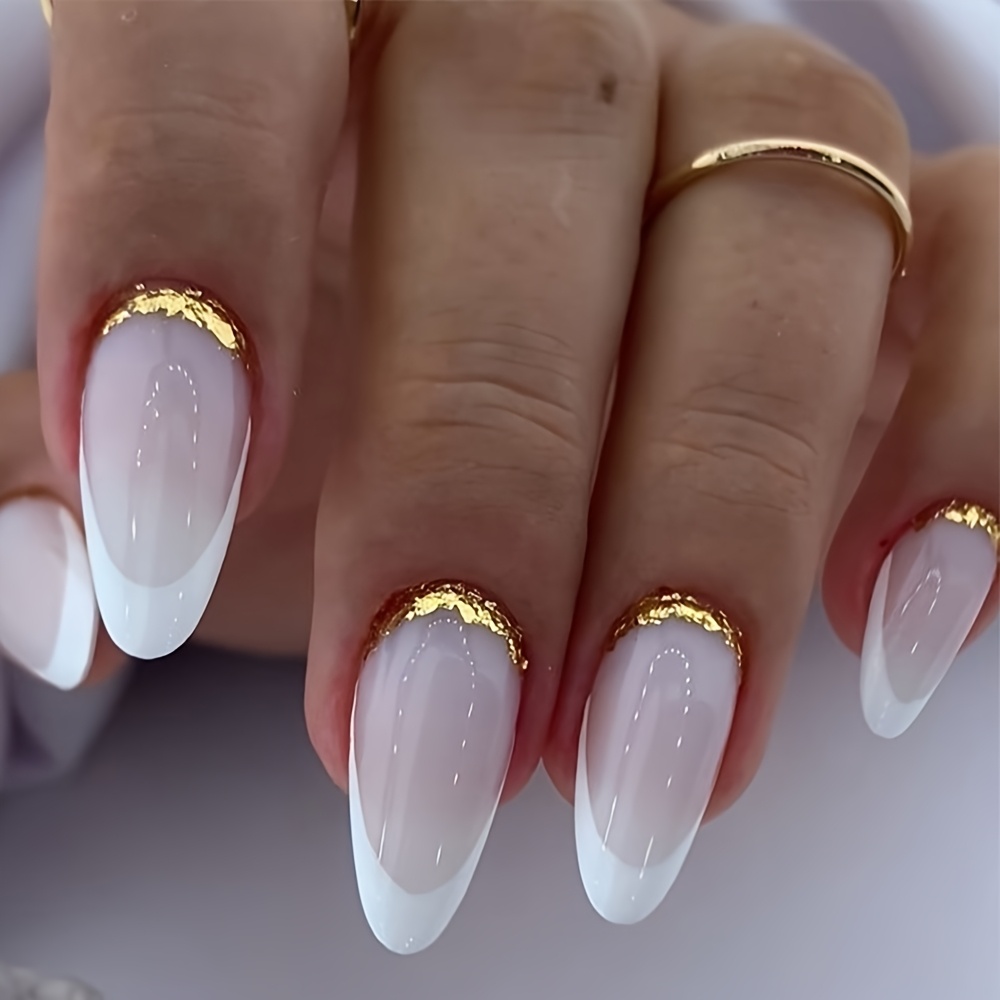 TEMU New Short Nail Almond Nail 24pcs Simple And Elegant Fake Nail Set, White And Red Striped Medium Length, Sparkling Decoration, Shiny Surface,