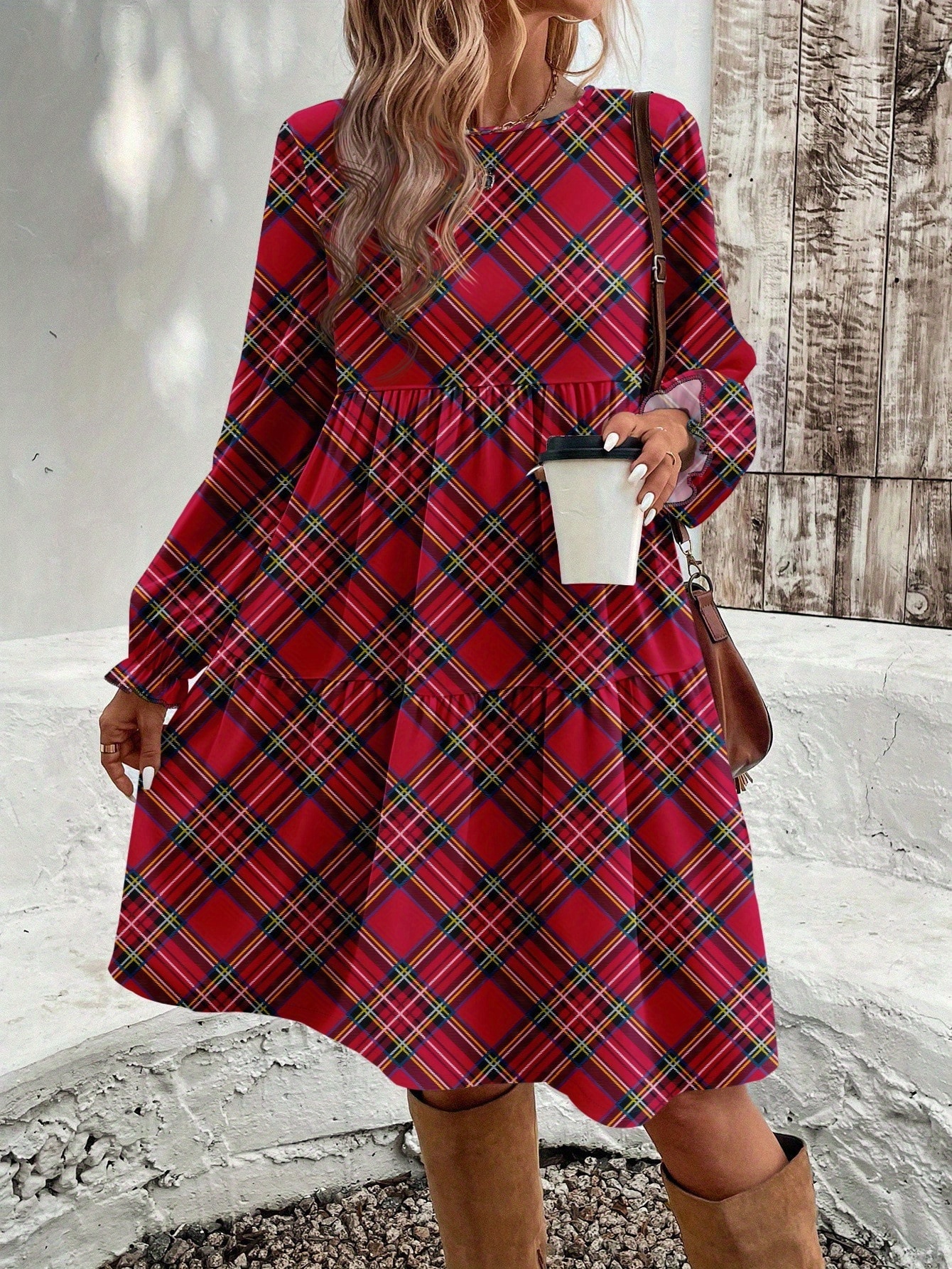 white christmas dresses Loose Dresses for Women, Casual Winter Dress, Blue Midi Dress S / Brown main image 1