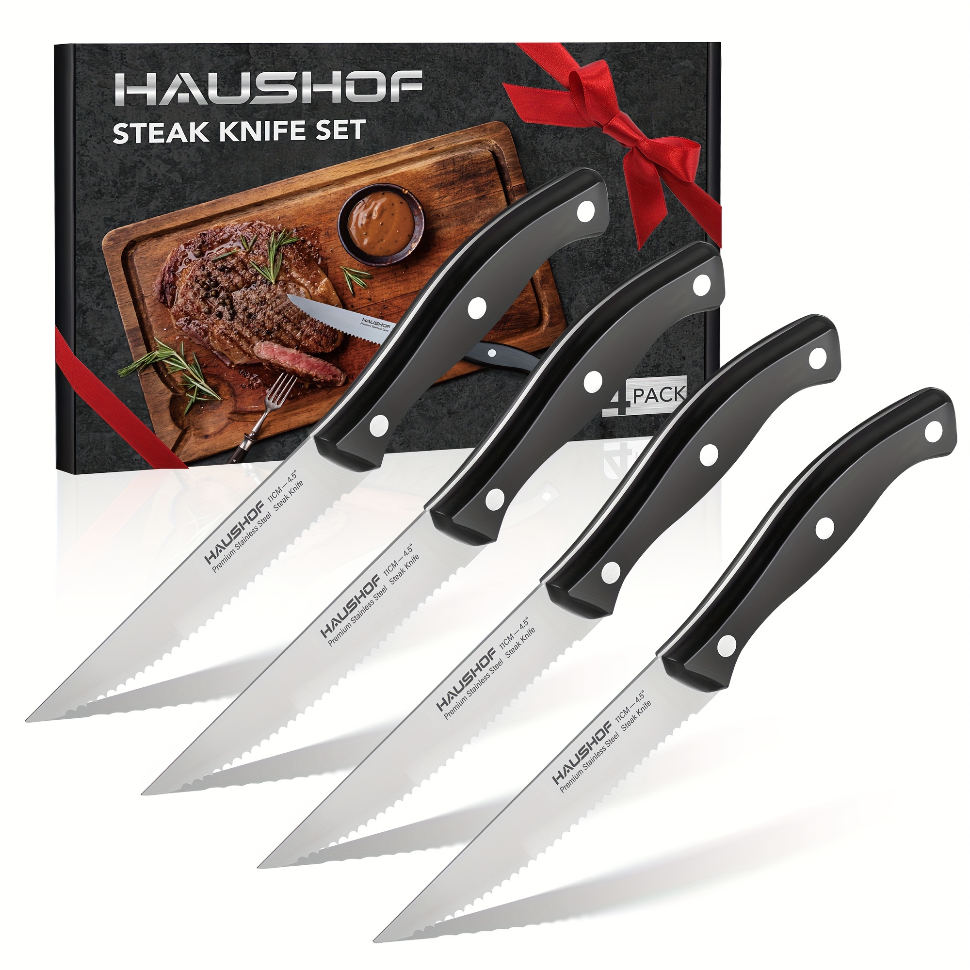 

Haushof Steak Knives Set Of 4, Premium Stainless Steel Serrated Steak Knife Set With Gift Box, Full Tang And Ergonomic Handle, Gifts Knife Set For Mom, Dad, Wife And Husband