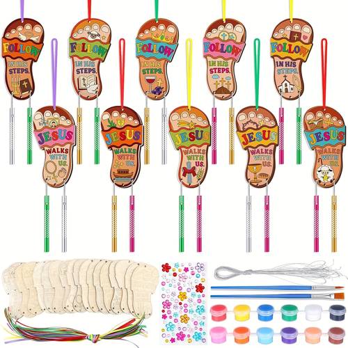 30 pack easter christian wind chime kit make your own religious jesus sandal crafts kit sunday school diy coloring wooden vbs church crafts for gift party favors