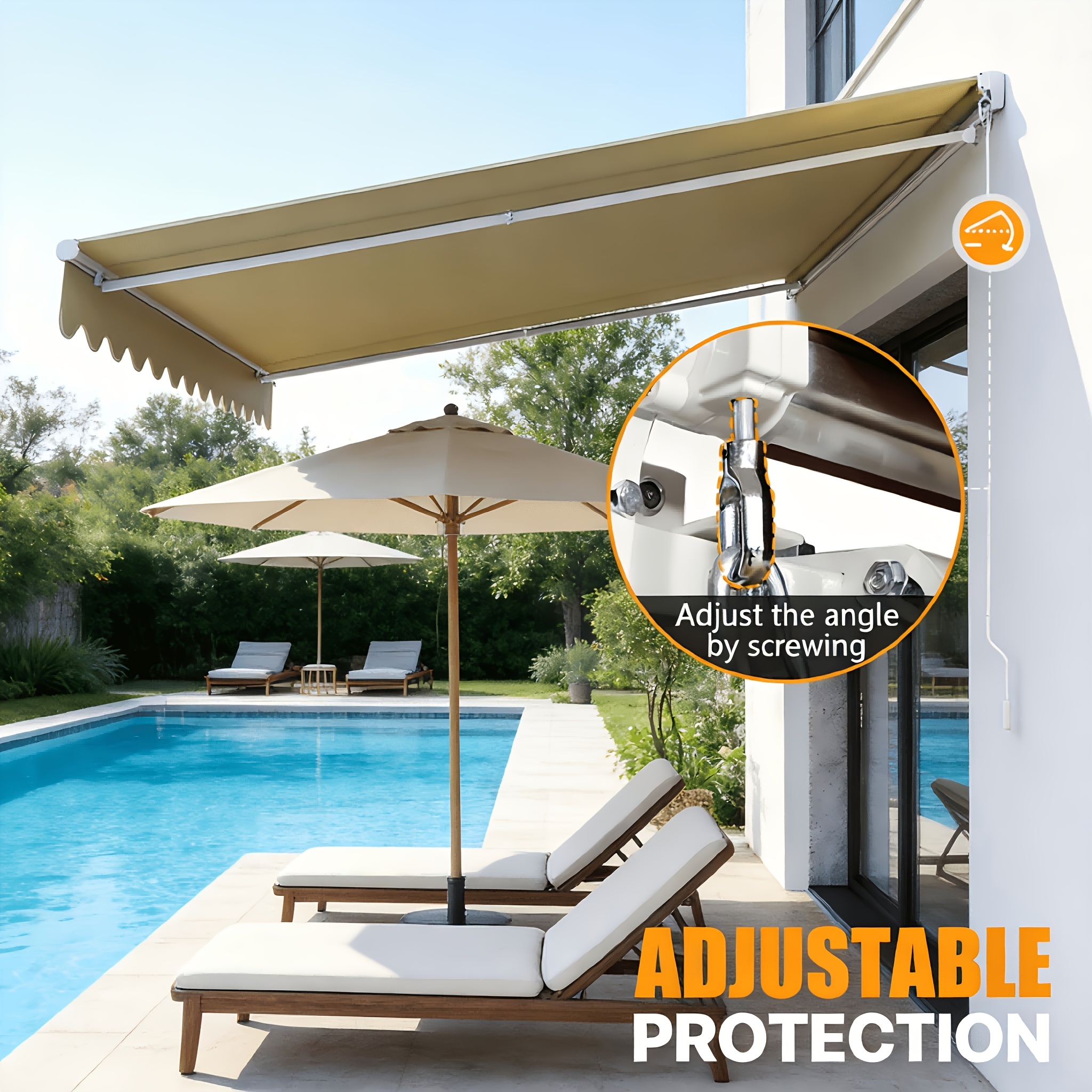 12x10ft Heavy-Duty Manual Retractable Awning with Wall Mount - Outdoor Patio Canopy, Beige Suitable for Balcony, Deck, Poolside Shade, Fabric & Frame, Installation