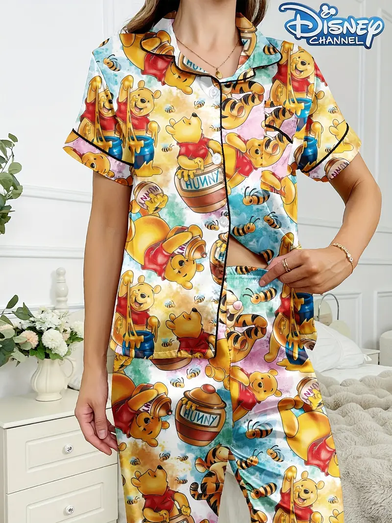 series womens casual comfortable pajama set button collar short sleeve top elastic waist pants Product details 1