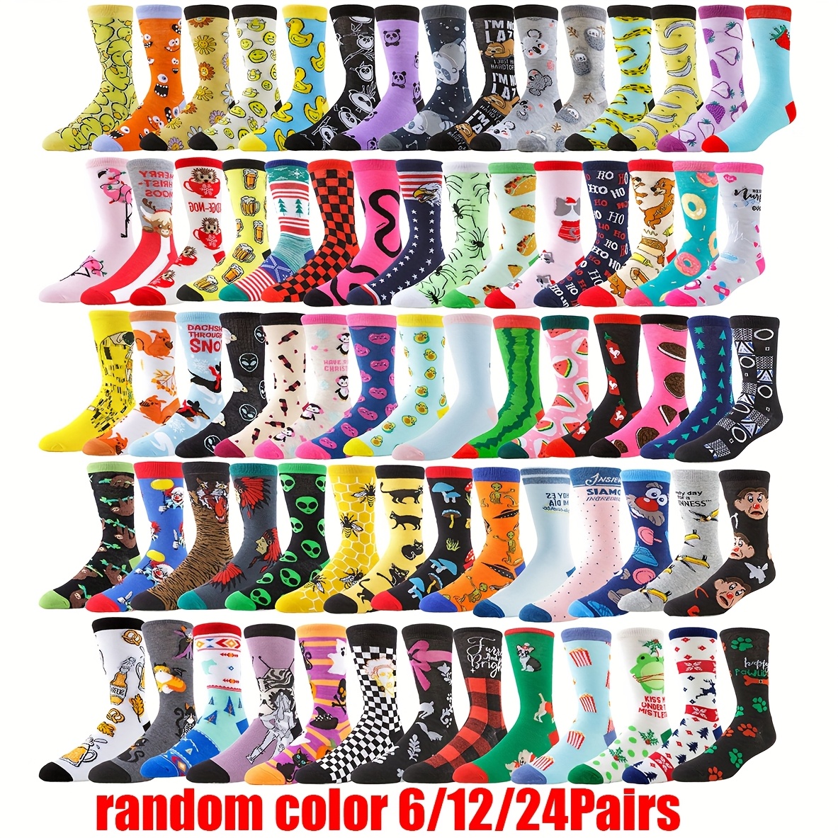 

6/12/24 Pairs Fun & Colorful Novelty Socks For Teens - Hip Hop Style With Cartoon Fruits, Animals & More - Breathable Polyester Blend, Machine Washable