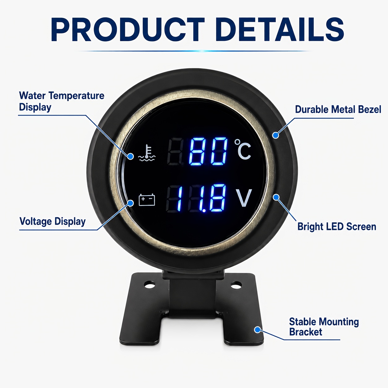 TEMU 1pc 2-in-1 Automotive Water Temperature And Voltage Gauge Set, With 10mm Npt Sensor 26-inch Water Temperature Connector Adapter, Battery Not
