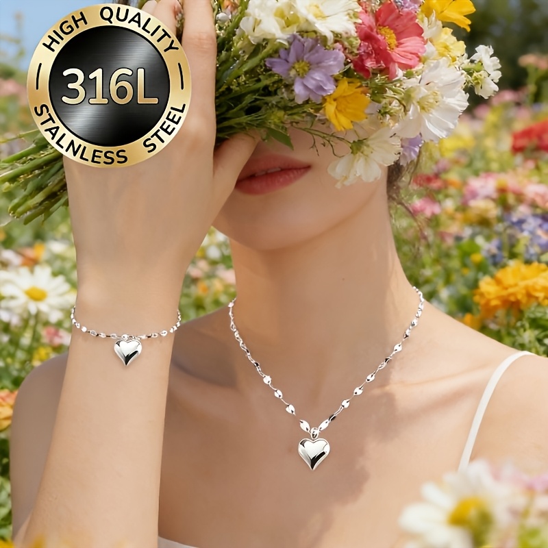 TEMU [Set de 2 piezas] Collar y pulsera con forma de , estilo minimalista de lujo , joyería de acero inoxidable 316L, complementos para a día de las
