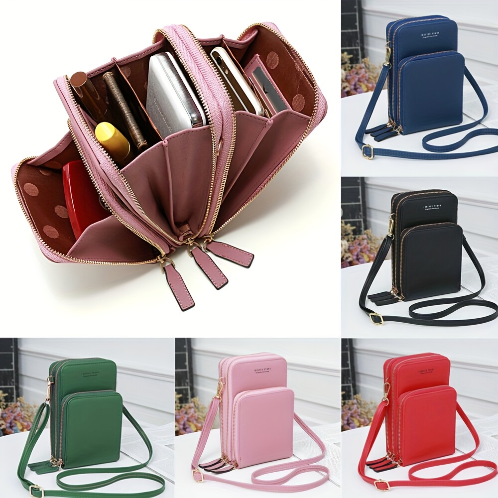 

Fashion Mini Crossbody Phone Bag - Secure Multi Zipper Wallet With Wristlet & Shoulder Strap - Solid Color Handbag For Passport, Cellphone, Card & Storage