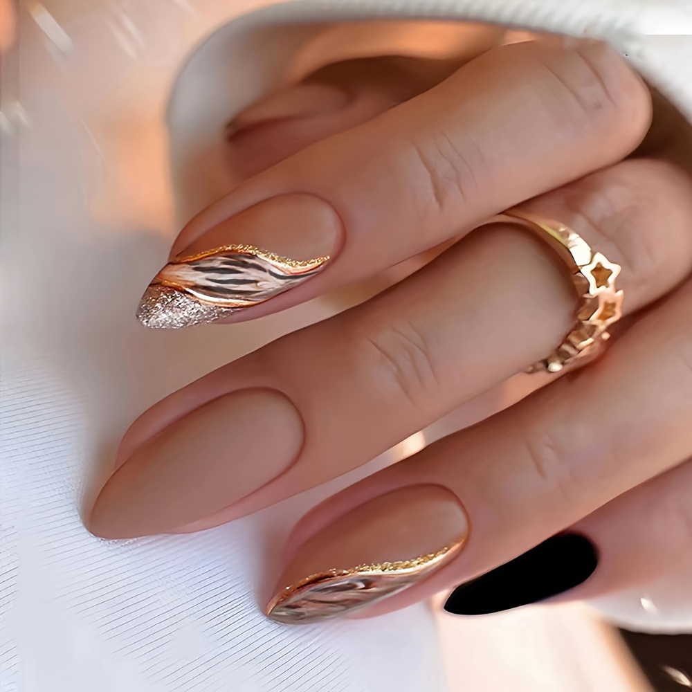 

24-piece Elegant Long Almond Press-on Nails Set - Matte Finish, Brown Ombre With Golden Glitter Accents, Perfect For Fall & Winter Fashion