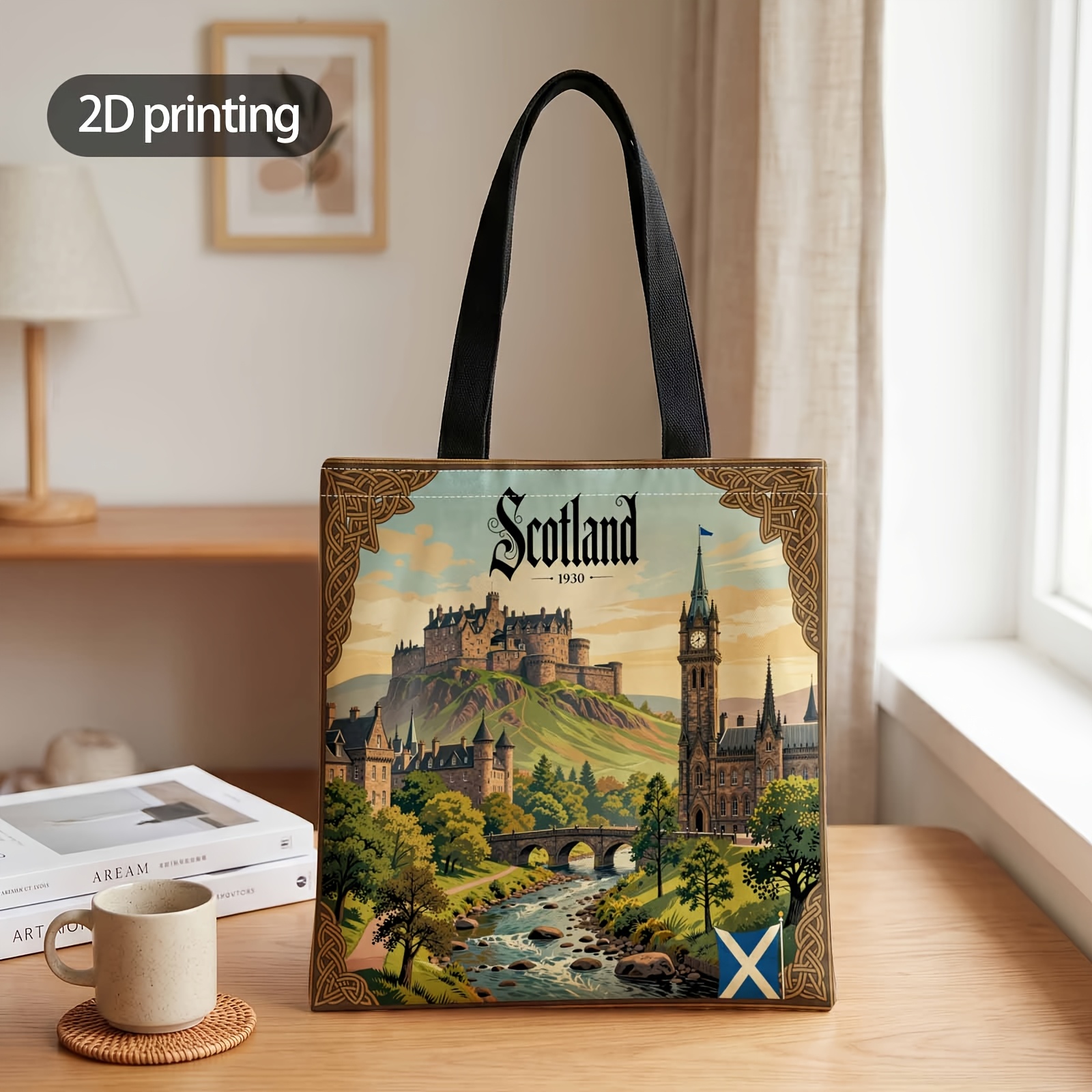 TEMU 1pc 2d Printed Handbag With Scotland's Historic Majesty Pattern, Reusable Fashion Shoulder Bag Handbag Shopping Tote Bag Suitable For Shopping