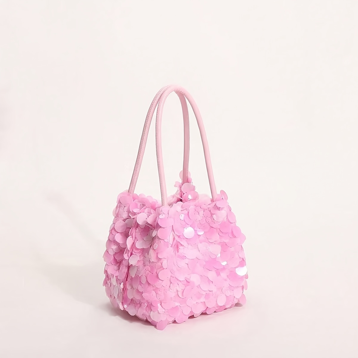 TEMU Mini Bucket Handbag With Girly Sequins And Glitter Powder, Soft Pink Handle Bag, Ideal For Beach Weddings And Parties