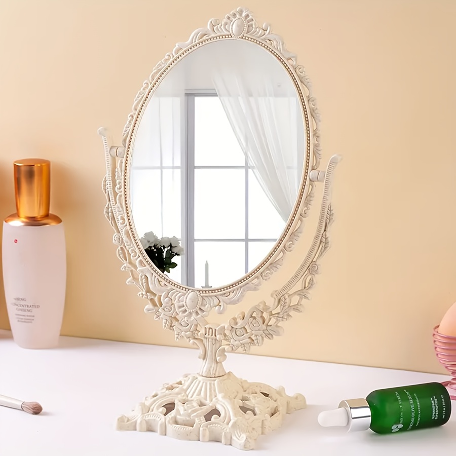 TEMU ) Vintage European Style Dual-sided Rotating Makeup Mirror – Adjustable Frame, High-definition Painted Glass Surface, , Portable For Desk And Makeup Table, Dorms And Students, Desk Makeup Mirror