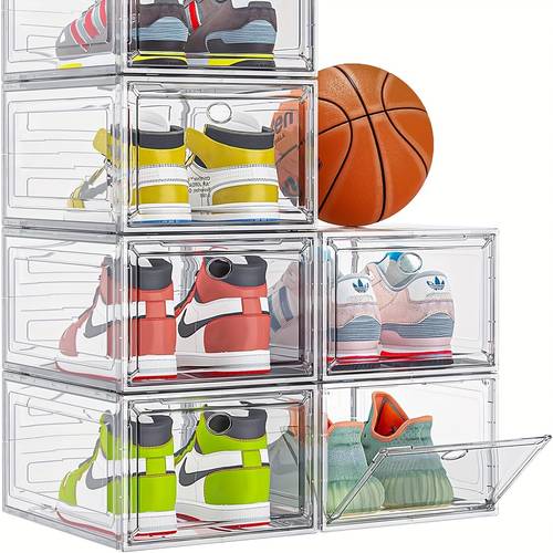 6 pack clear shoe organizer stackable closet shoe rack shoe display with magnetic and hat organizer dustproof shoe organizer sneaker organizer for women men front loading large plastic shoe organizer for sneakers