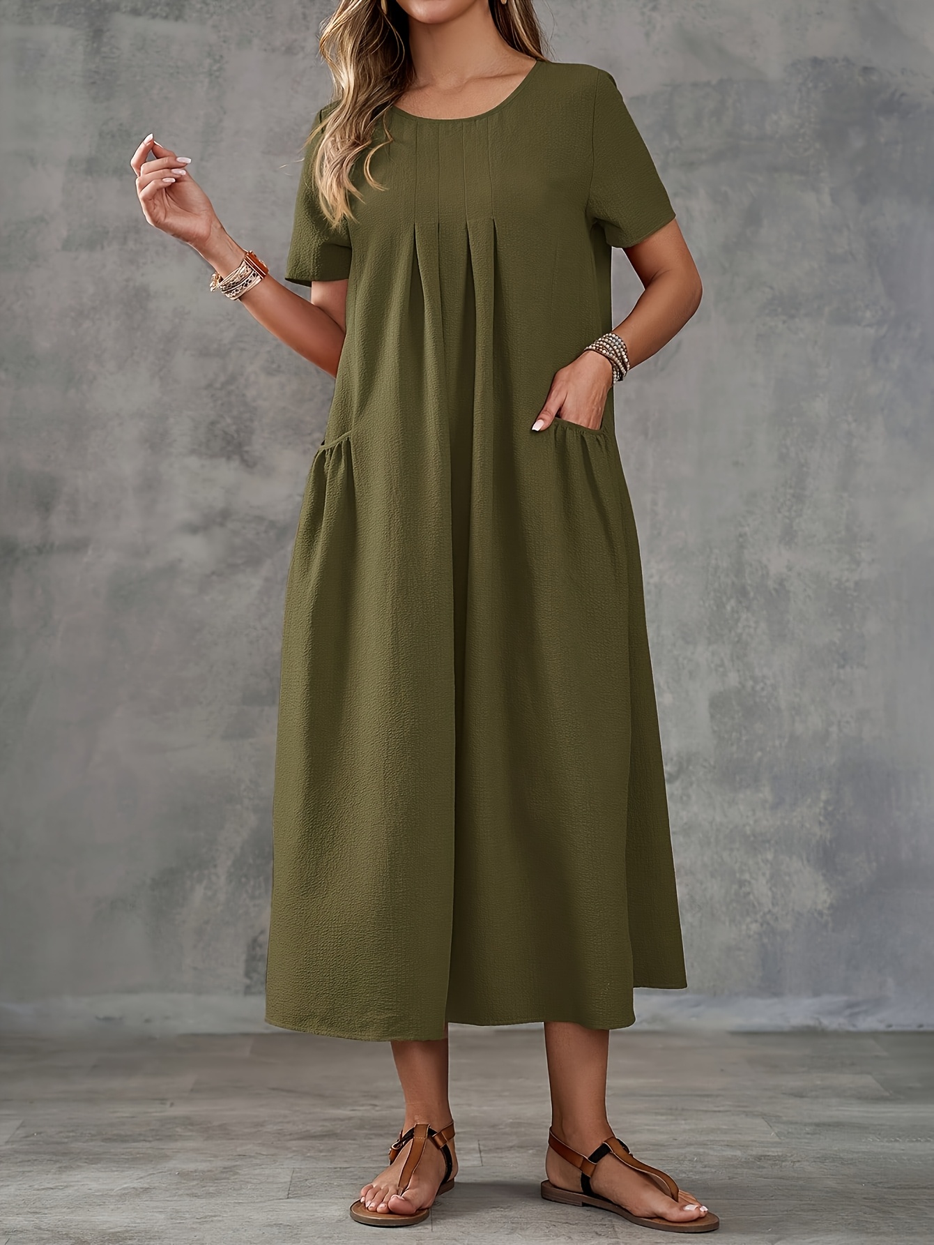 knee length dresses for ladies Square Neck 3/4-length Solid Color Midi Dress main image 1