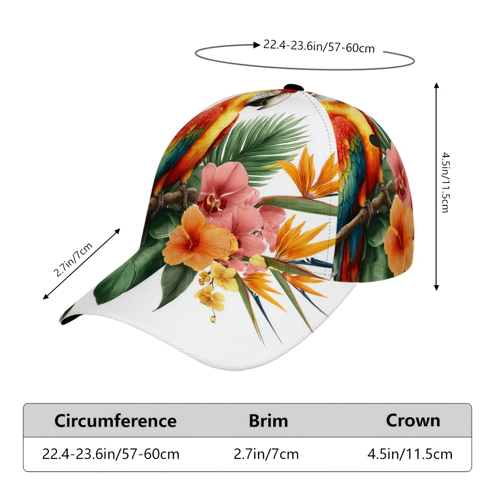 TEMU 1 pièce Casquette de baseball plate 2D à motif perroquet tropical et fleurs pour tous les , chapeau de soleil léger et réglable à large bord,