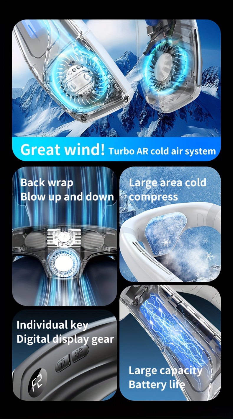Neck Air Conditioner Portable, Up-down Airflow Portable Neck Fan, 360° Full-body Cooling Neck Fan, 5200mAh Rechargeable Neck Fan Air Conditioner with Large Cooling Plate, Neck Cooler, Cooling Plate, Neck Fan, Portable Fan, Large Airflow, Unisex Gift.