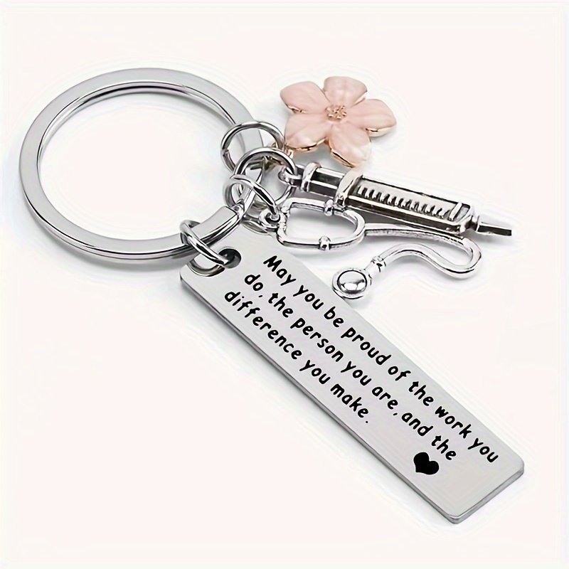 

Inspirational Nurse Keychain, Stainless Steel Pendant With Syringe & Flower Charms, Friendship Gift For Nurse's Week, Engraved Motivational Quote Accessory
