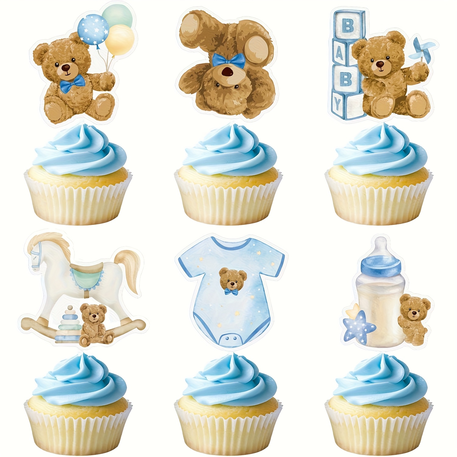 Image of 24pcs Bear Cupcake Toppers Baby Shower Blue Bear Baby Shower Decorations Bearly Wait Birthday Cupcake Toppers, Halloween, Christmas