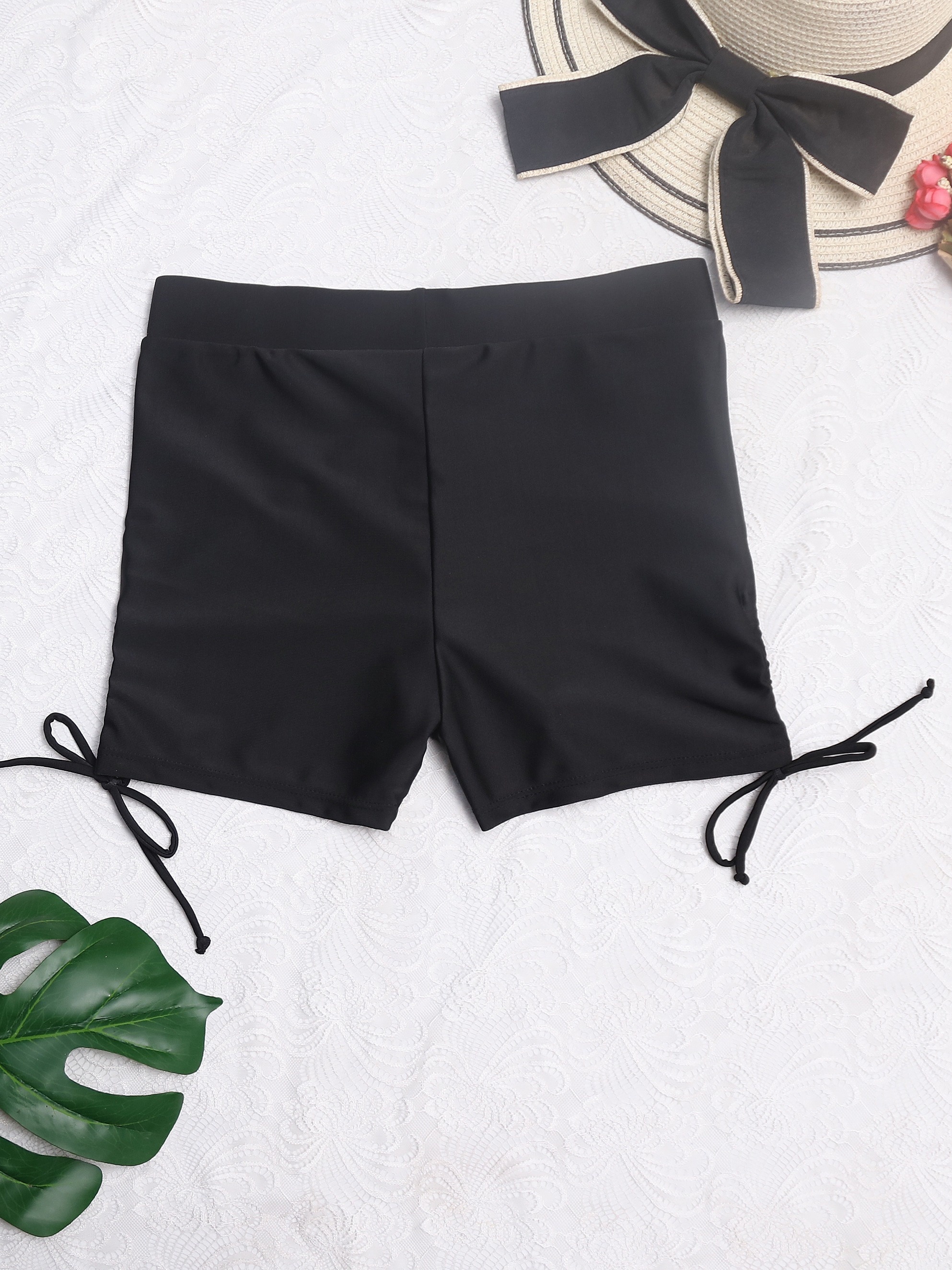 High-Waist Ruched Women's Swim Shorts - Sleek Black, Anti-Slip, Tummy Control with Faux Drawstring Detail, Stretchy Polyester/Elastane Blend, Machine Washable